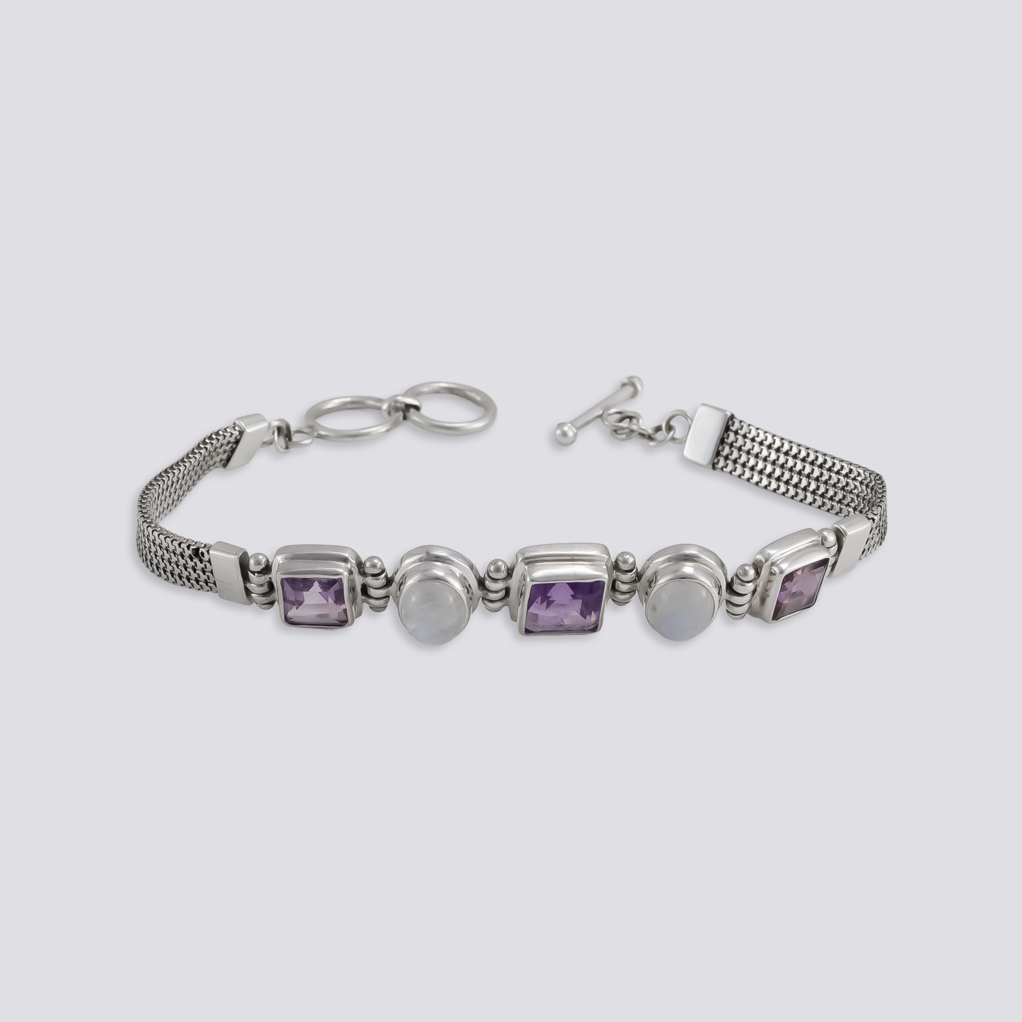 Sterling silver bracelet with amethyst and moonstone