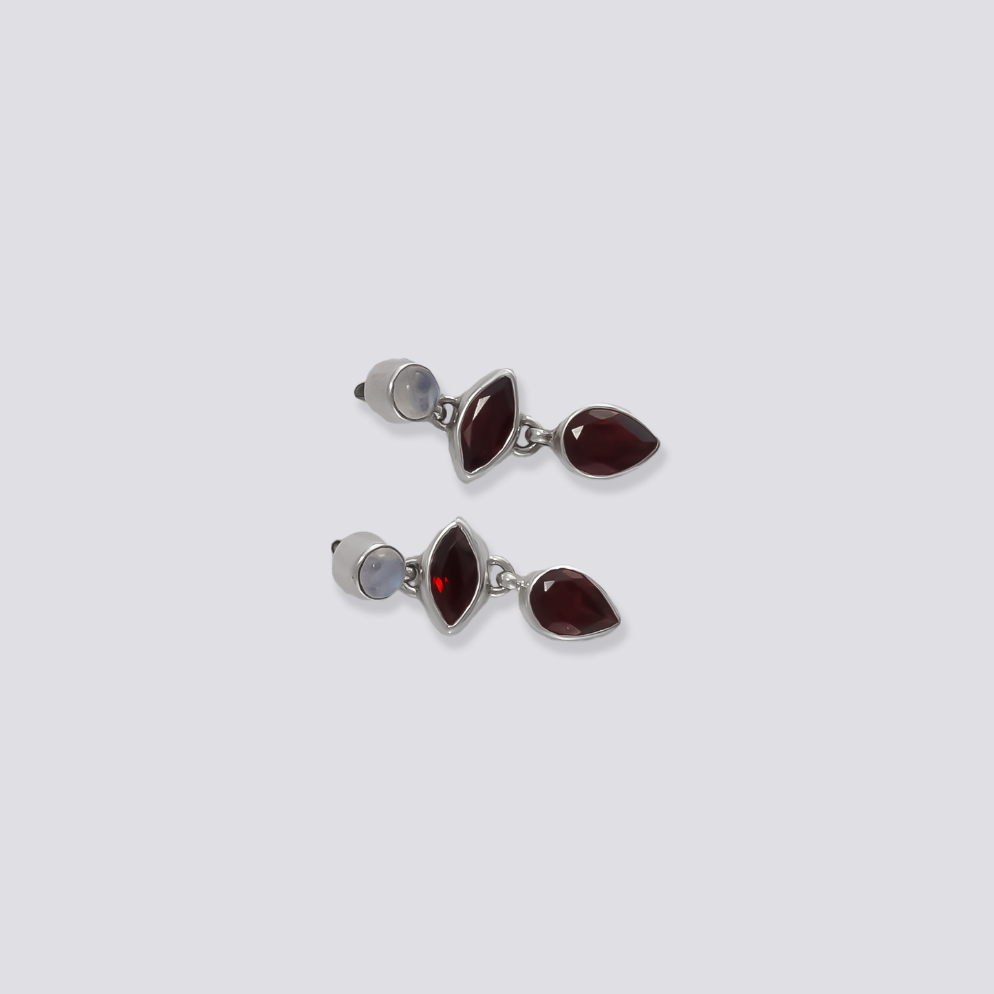 Sterling silver earrings with red garnet and moonstone