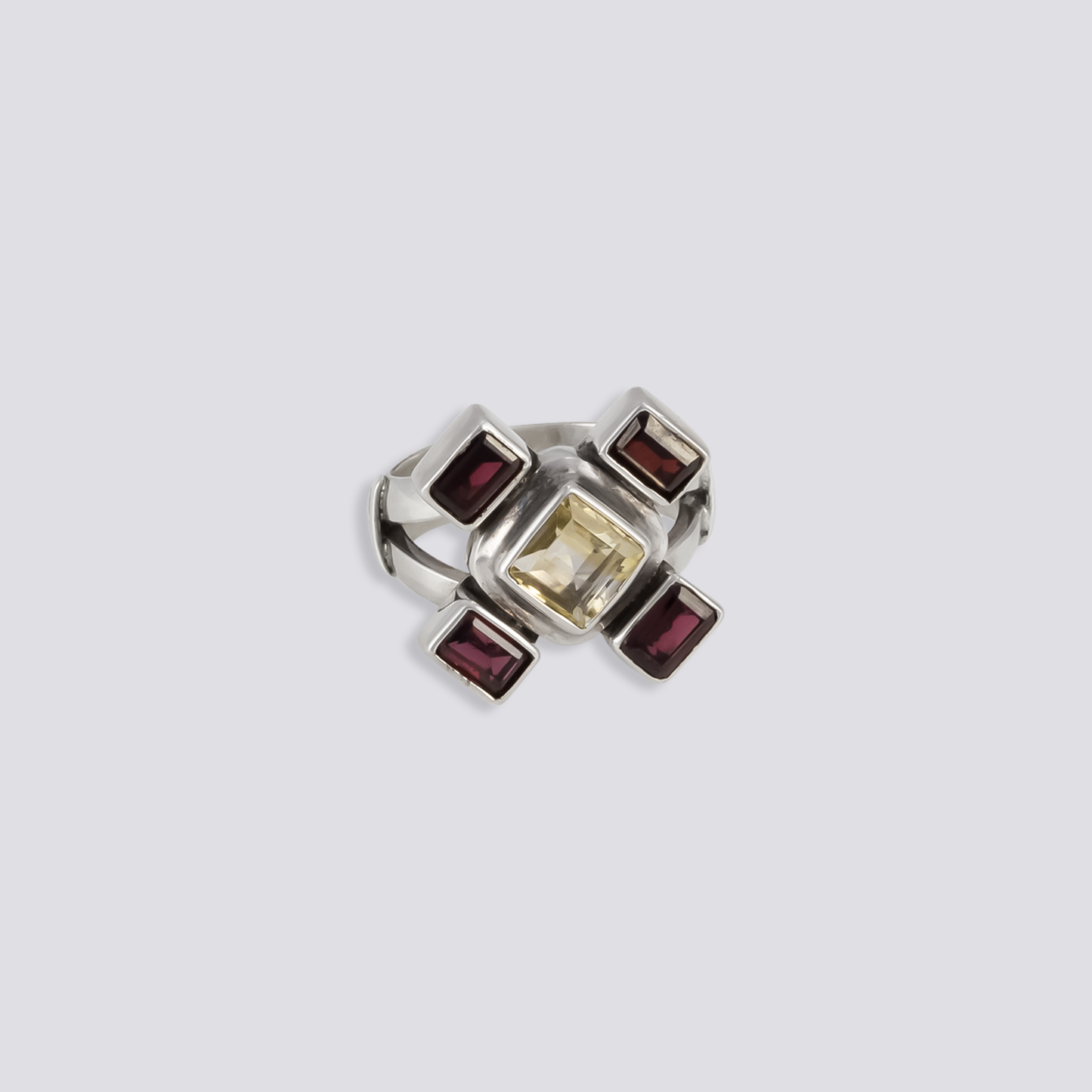 Sterling silver ring with citrine and red garnet