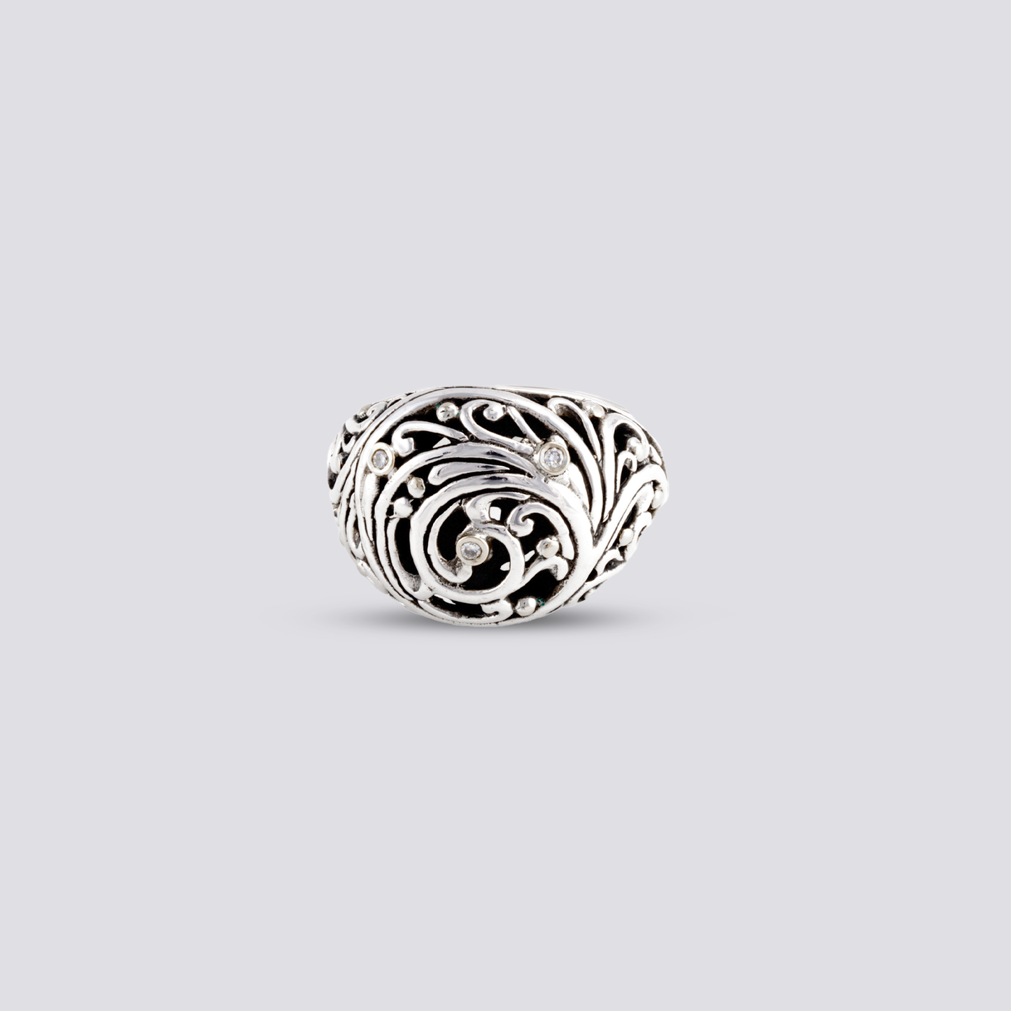 Sterling silver ring artisan design and diamonds