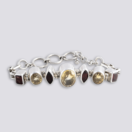 Sterling silver bracelet with Red garnet and Yellow citrine