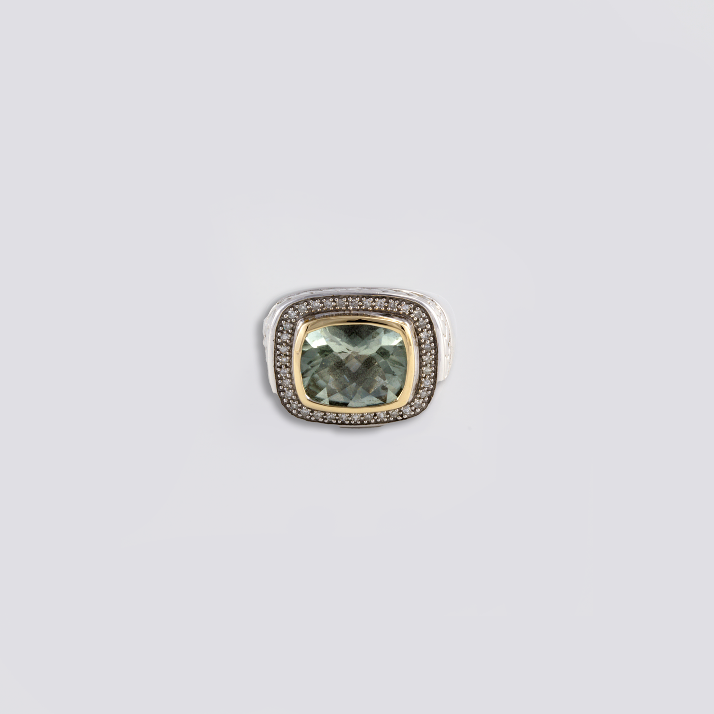 Sterling sliver ring with green amethyst, diamonds and 18k gold
