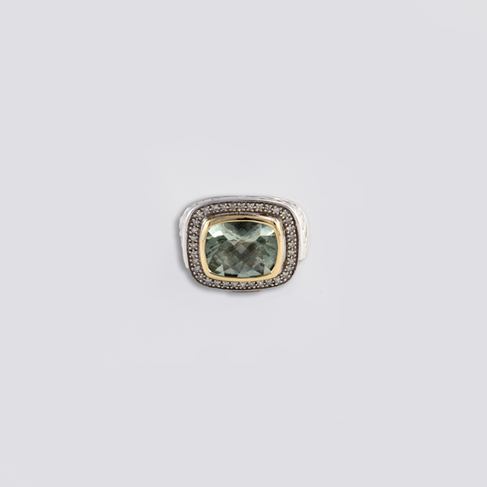Sterling sliver ring with green amethyst, diamonds and 18k gold