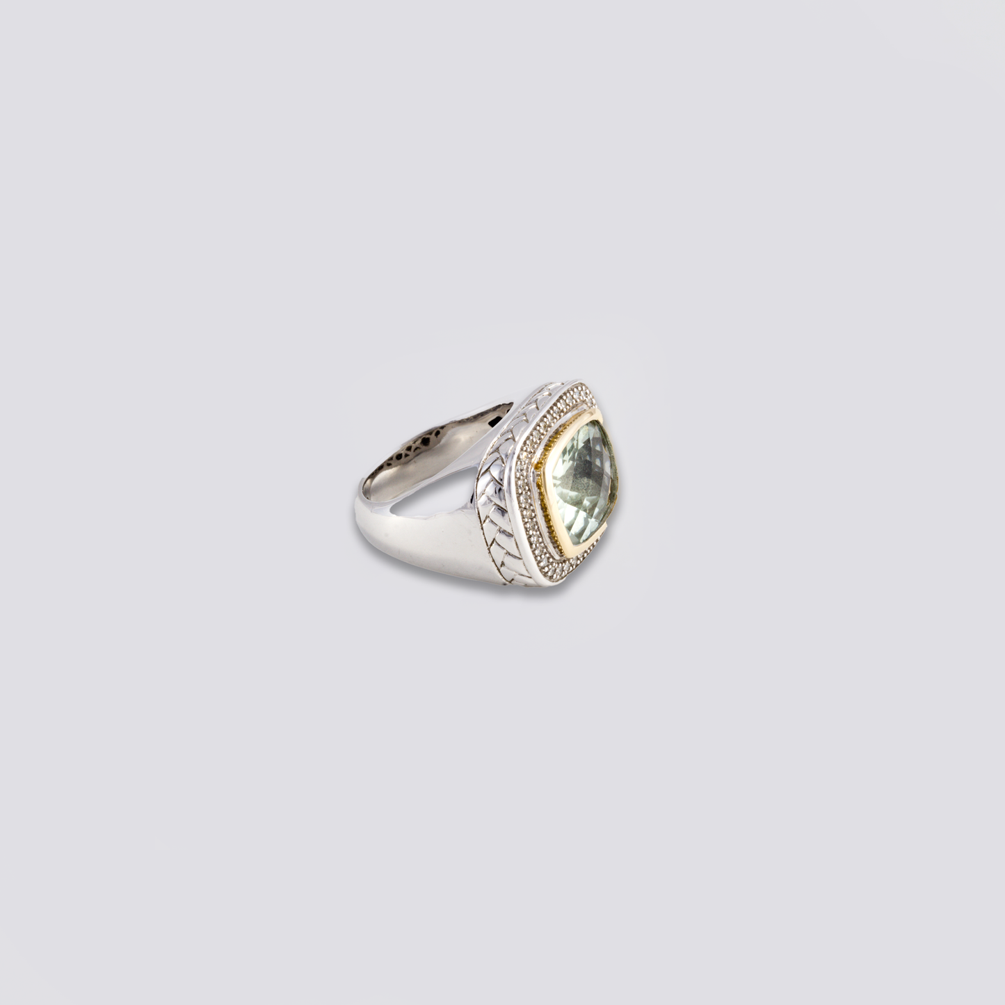 Sterling sliver ring with green amethyst, diamonds and 18k gold