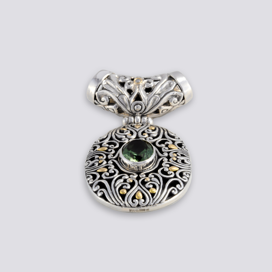 Sterling sliver pendant with green amethyst and diamonds and 18k gold
