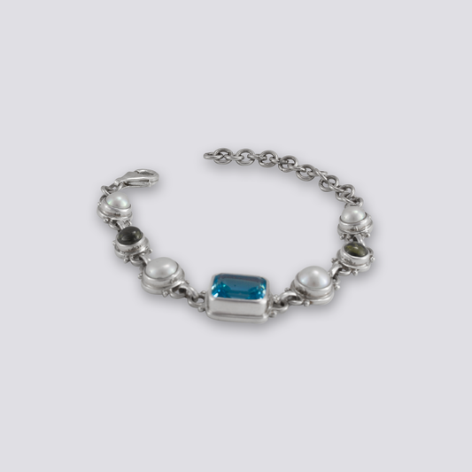 Sterling silver bracelet with blue topaz, white pearl and citrine