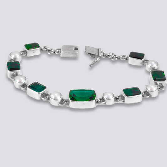 Sterling silver bracelet green amethyst with white pearl