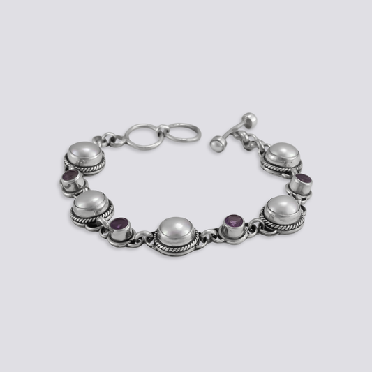 Sterling silver bracelet with amethyst and pearl