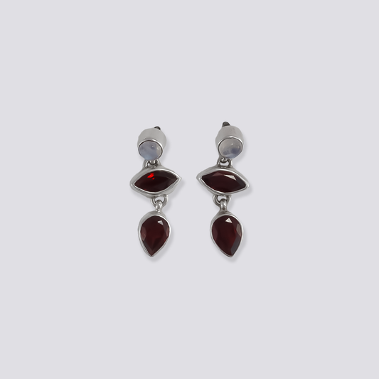 Sterling silver earrings with red garnet and moonstone