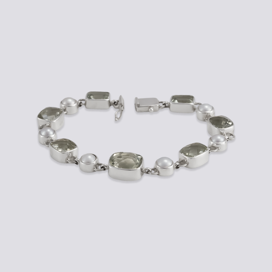 Sterling silver bracelet with green amethyst and white pearl