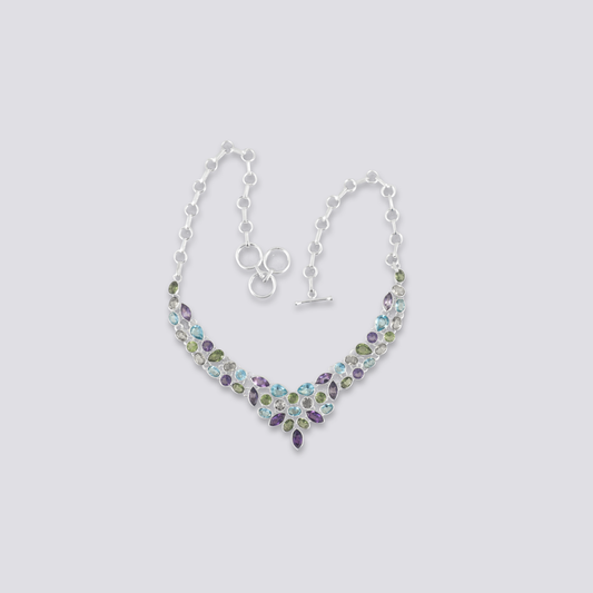Sterling silver necklace with purple amethyst, green amethyst, blue topaz and citrine stone